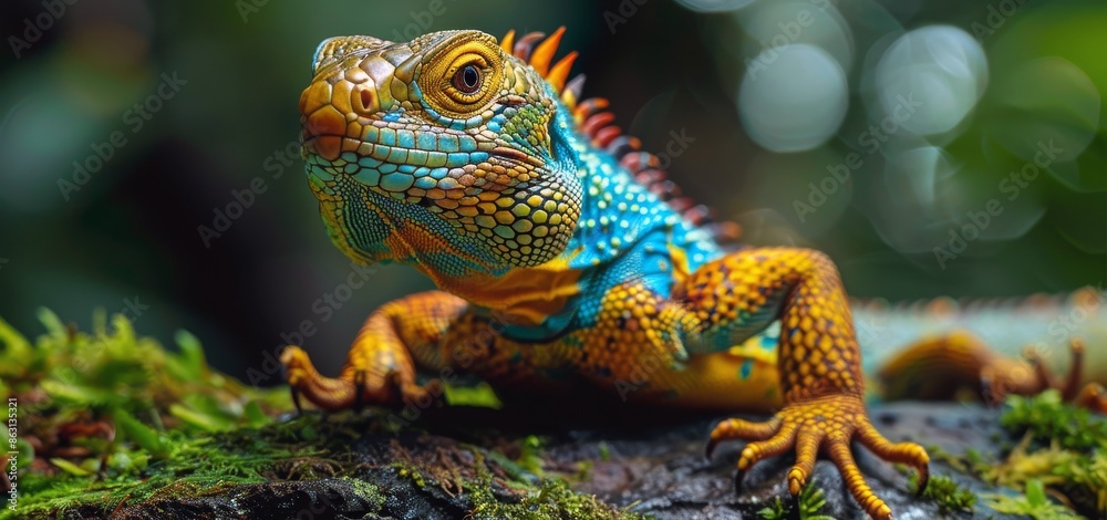 Obraz premium A Colorful Lizard Perched on Mossy Branch in a Lush Rainforest