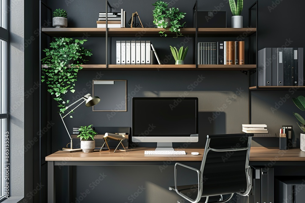 Modern home office with a computer, keyboard, and potted plants on a wooden desk, sunlight streaming through a large window