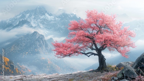 Majestic tree stands tall against a towering mountain backdrop. photo
