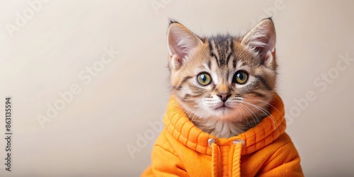 Adorable kitten wearing a cozy orange jacket, kitten, cat, orange, jacket, cozy, cute, pet, furry, small, animal, domestic
