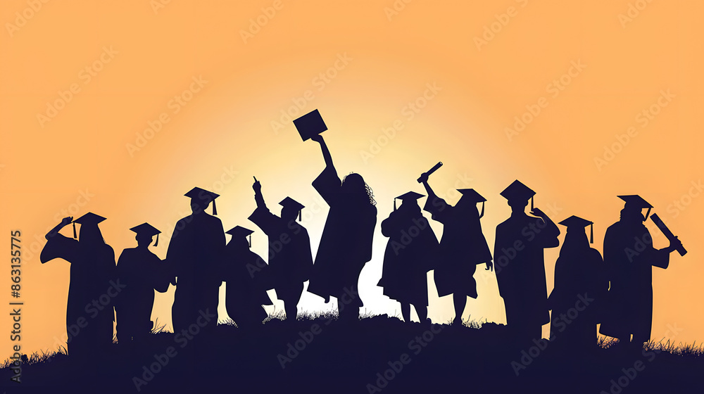 Cheerful graduate students with diploma and academic caps, silhouette. Graduation at university or college or school. Vector illustration. Cheerful graduate students with diploma and academic caps, silhouette. Graduation at university or college or school. Vector illustration.