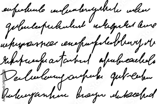 Handwritten Unreadable text. Abstract illegible handwriting of fictional language. Black old vintage text written with pen. Incomprehensible letters