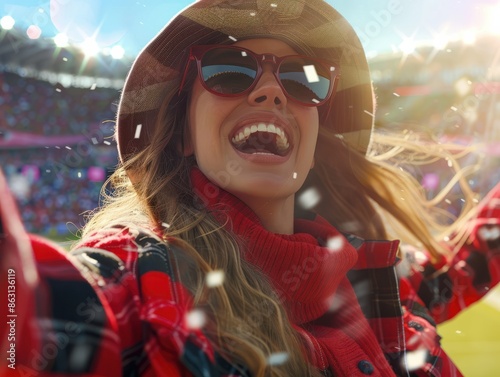 Happy football fan woman on stadium, created with Generative AI technology photo