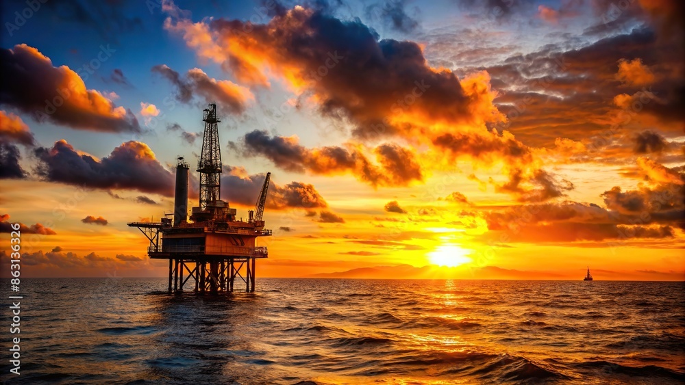 Offshore oil rig drilling platform silhouetted against a vibrant sunset in the North Sea, oil rig, offshore
