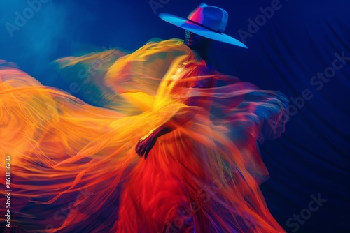 Abstract motion blur photography of a person dancing, with a hat and colorful dress, against a dark blue background, with orange and yellow colors and light in the style of the artist.