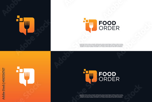 Food order logo with bubble chat and pixel logo concept