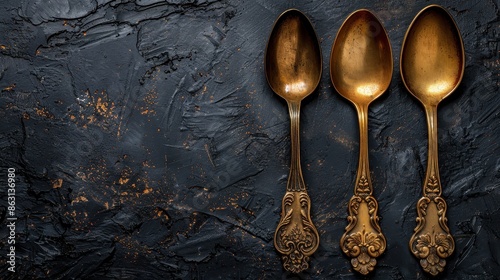 Three beautifully ornate vintage spoons positioned on a richly textured dark surface, showcasing their detailed craftsmanship and timeless elegance. photo