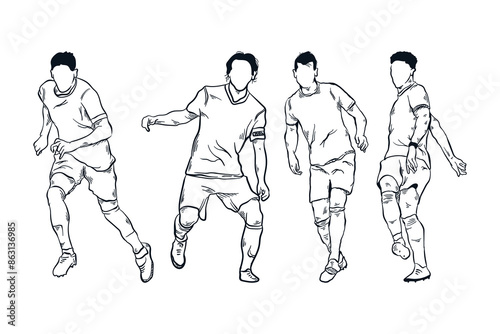 Collection of football soccer player line art. Hand drawn sketch illustration