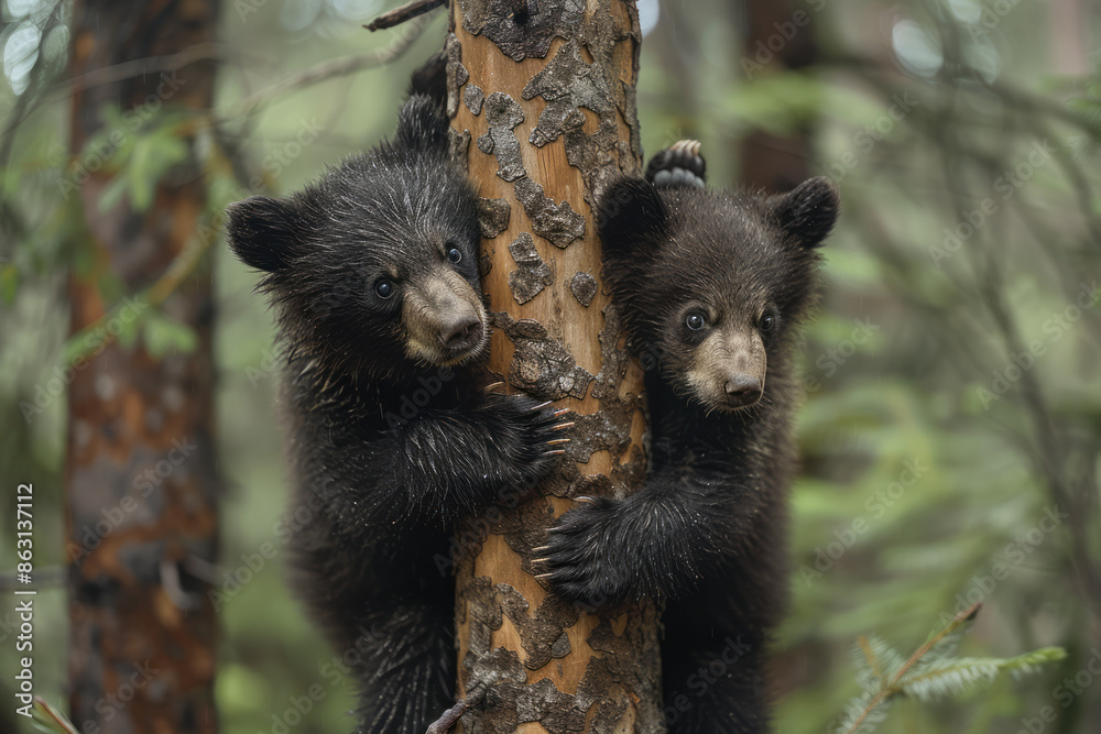Little bear cubs climbing trees, displaying their playful energy, Little bear cubs climbing trees, displaying their playful energy,