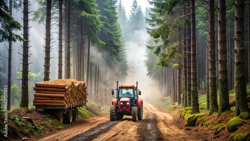 Red tractor hauling timber through misty coniferous forest, tractor, timber, hauling, misty, forest, coniferous, red photo
