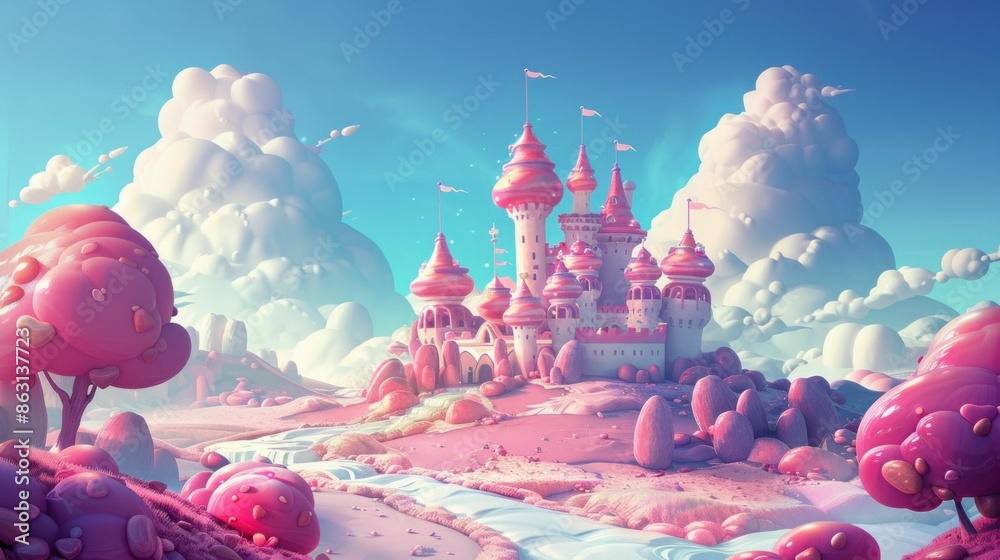 Fantasy Pink Castle in Dreamy Landscape. Generative ai Fantasy Pink Castle in Dreamy Landscape. Generative ai