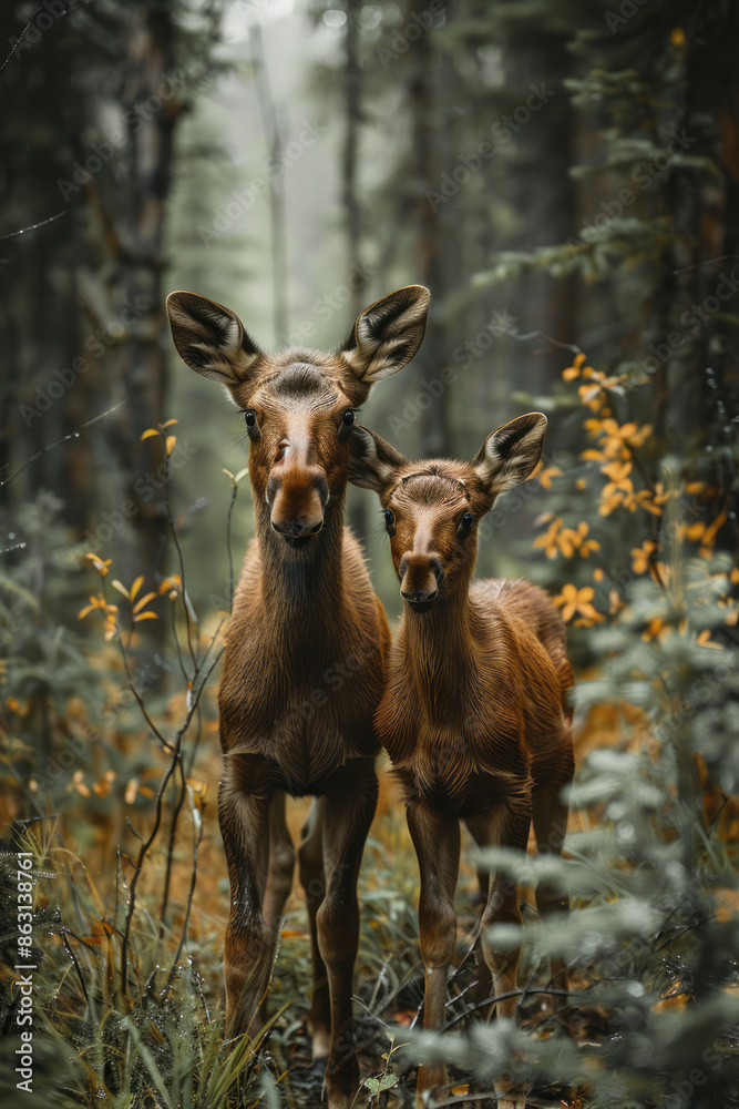 Young moose calves standing next to their mothers in a forest clearing, Young moose calves standing next to their mothers in a forest clearing,