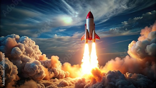 Fiery red rocket launching into space, rocket, space, launch, speed, force, atmosphere, fiery trail, explosion