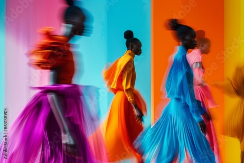 Photography of several woman silhouettes in motion, each wearing vibrant colors and fashionable attire, captured from multiple angles with dynamic lighting to emphasize their movement.