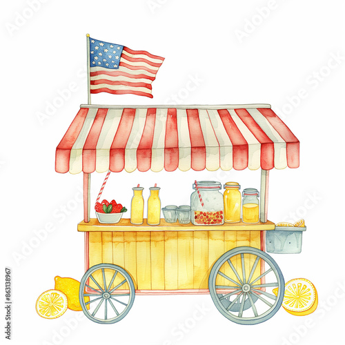 Watercolor painting of a lemonade stand with American flag, summer and festive