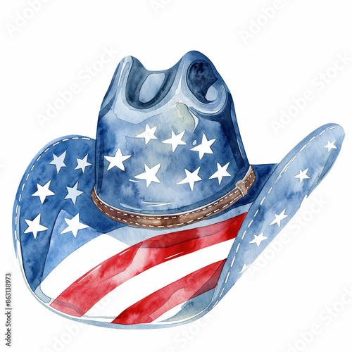 Watercolor painting of an American flag cowboy hat, rustic and patriotic