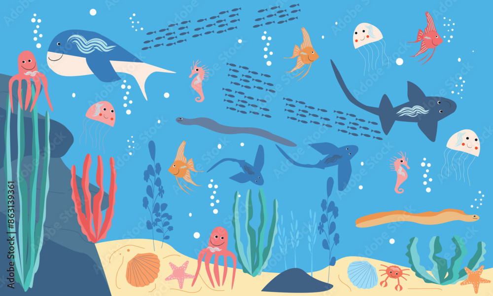 Obraz premium Sea underwater background. Ocean bottom with animals and seaweeds. Vector marine.