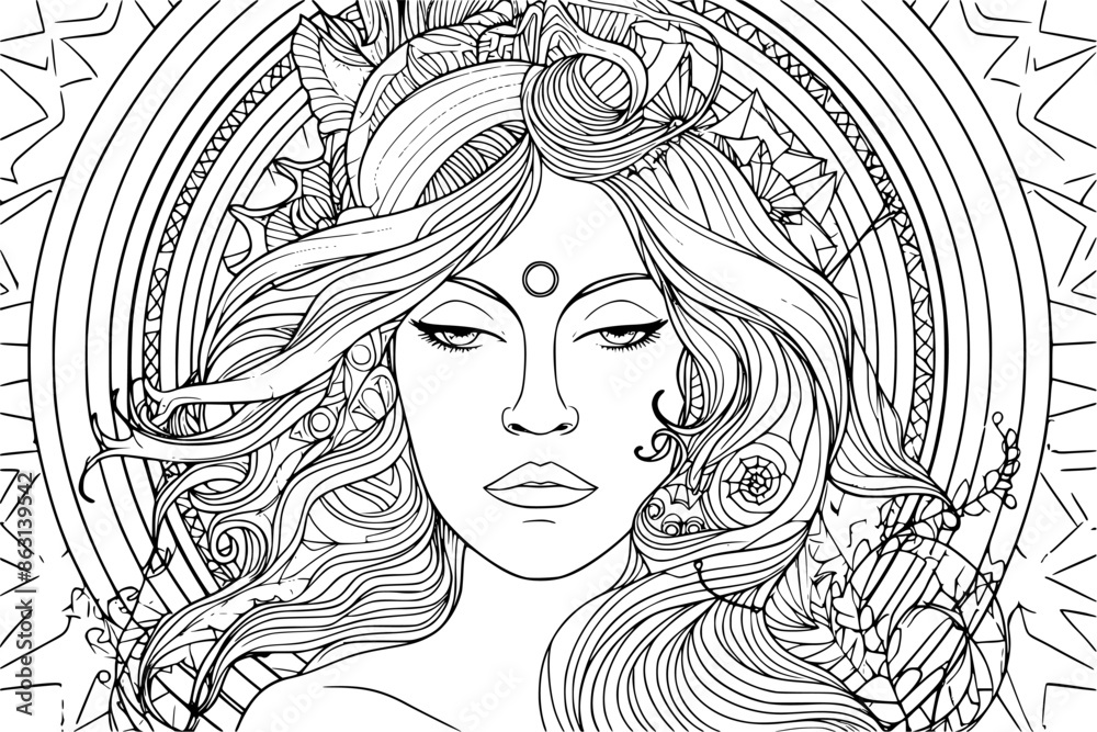 Beautiful woman drawing with ancient ornament in black and white coloring page, line style Beautiful woman drawing with ancient ornament in black and white coloring page, line style