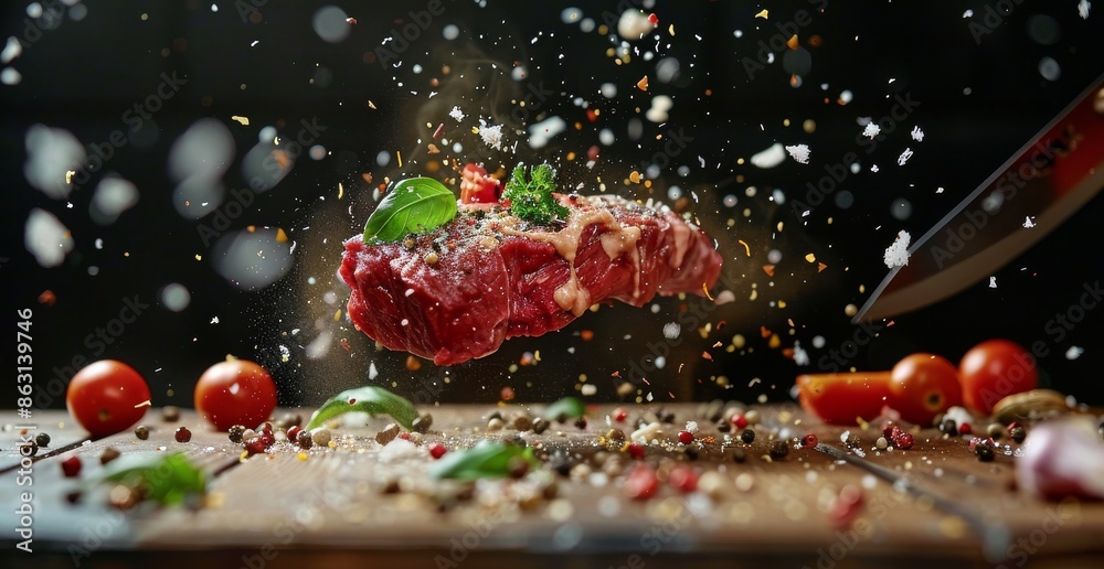 Raw Steak With Herbs and Spices Flying Through Air Above Cutting Board Raw Steak With Herbs and Spices Flying Through Air Above Cutting Board