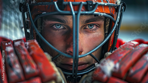 Focused Ice Hockey Goalie in Full Gear with Intense Eyes and Mud-Stained Face © Nick Alias