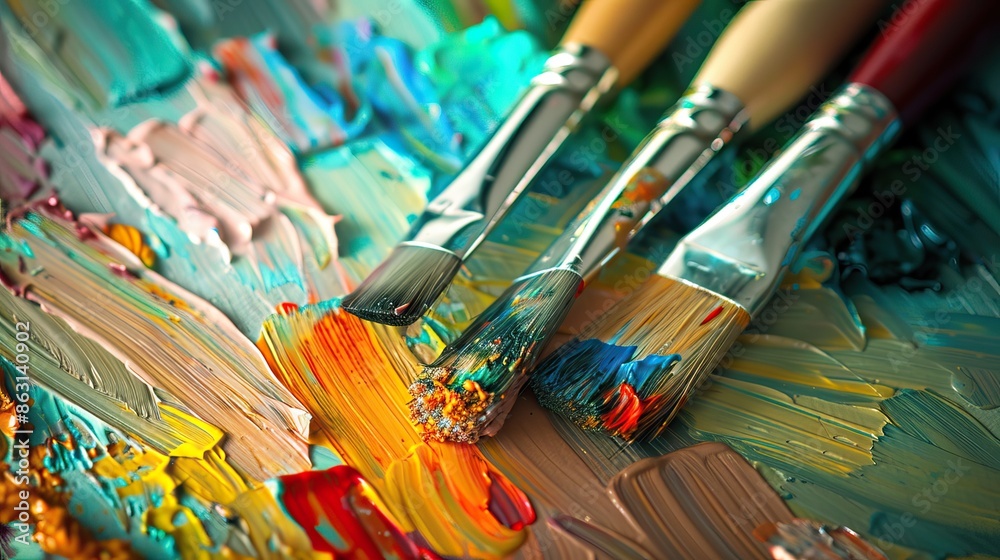 Fototapeta premium Close-Up of Paintbrushes with Vibrant Acrylic Paints on Palette