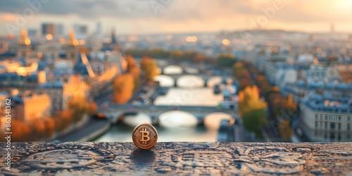 Blurred view of Seine River with Parisian landmarks in bronze medal design. Concept Parisian Landmarks, Seine River, Bronze Medal Design, Blurred View, Cityscape