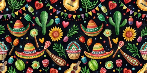 Watercolor fiesta seamless pattern on black with Mexican decorations, sombrero, avocado, tacos, chili pepper, cactus
