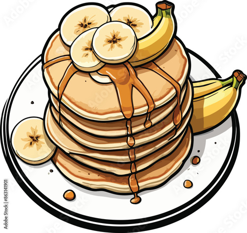 Banana pancakes cartoon sticker style vector illustration