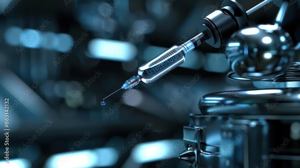 Closeup of a futuristic needlefree nanoinjector administering treatment, with space for text Closeup of a futuristic needlefree nanoinjector administering treatment, with space for text