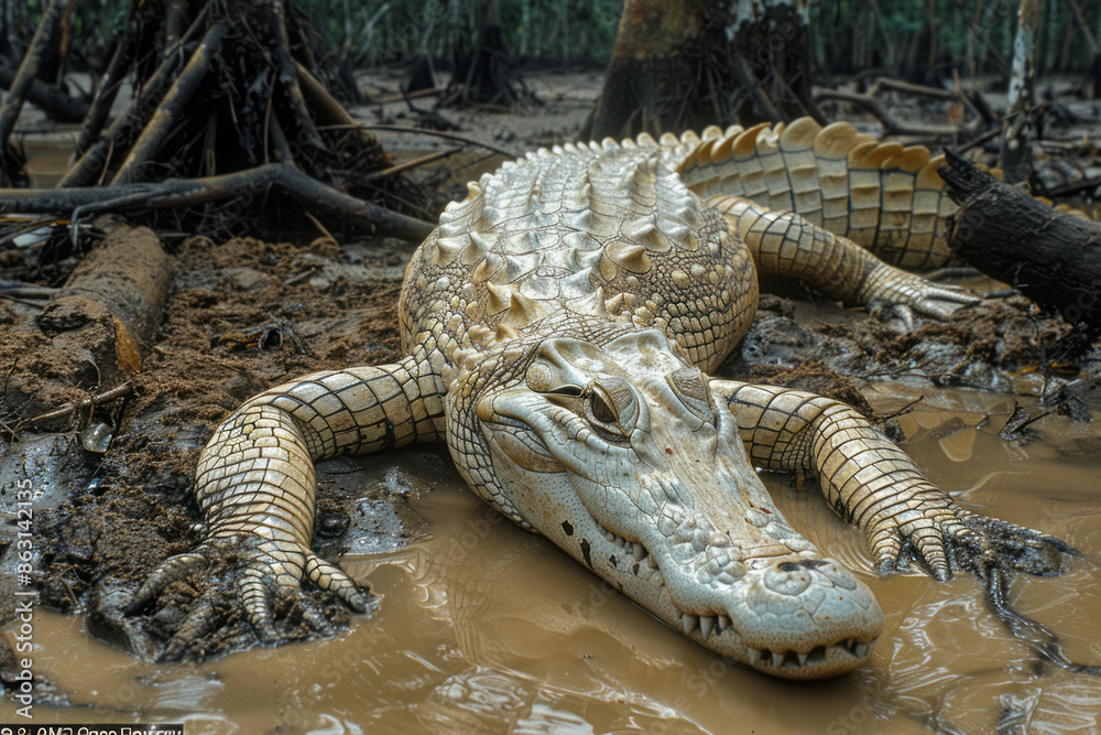 Obraz premium Albino crocodile lying by the edge of a muddy riverbank,