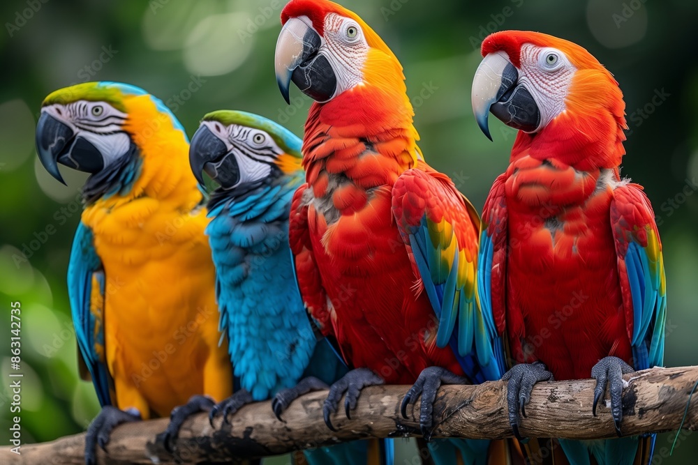 Colorful Macaws Perched on a Branch in a Lush Tropical Forest Colorful Macaws Perched on a Branch in a Lush Tropical Forest