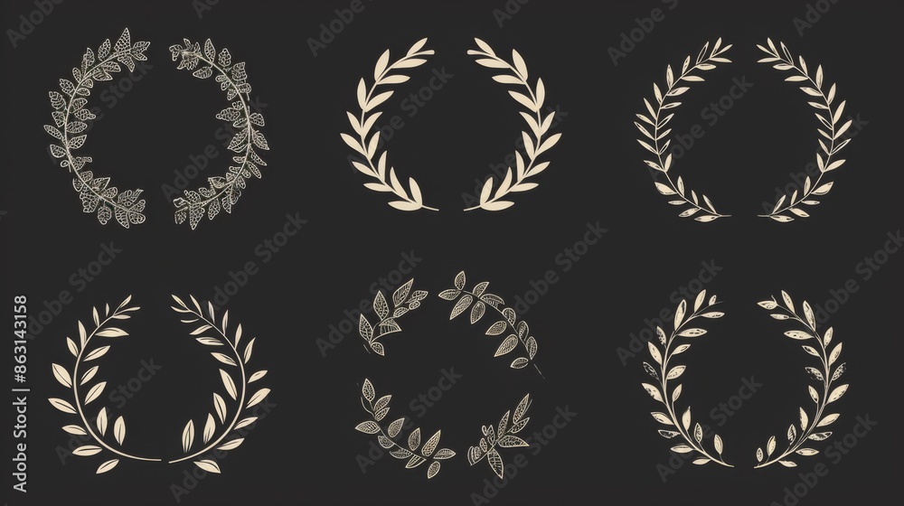 Set of natural wreaths and leafy objects in white lines