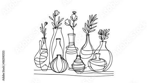 set of vases with plants single line drawing