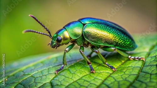Close-up of a metallic green beetle on a leaf , insect, bug, nature, close-up, shiny, green, colorful, wildlife, macro, Beetle © wasana