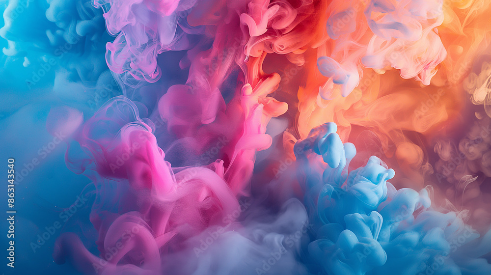 Fototapeta premium Abstract colorful smoke in water creating a vibrant blend of pink, blue, and orange.