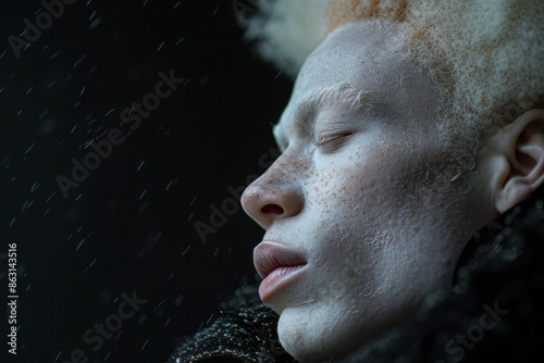 Artistic representation of a person with albinism, focusing on their striking appearance,