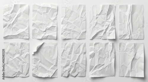 Set of blank white paper posters with crumpled and creased textures, isolated on a white background