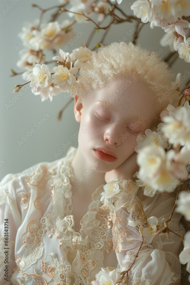 Artistic depiction of a person with albinism in a dreamy, ethereal setting, Artistic depiction of a person with albinism in a dreamy, ethereal setting,