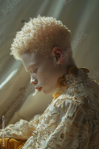 Artistic depiction of a person with albinism in a dreamy, ethereal setting,