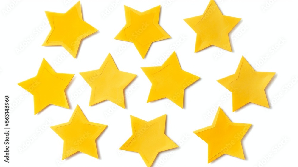Fototapeta premium Set of yellow star-shaped paper sticker labels, clearly isolated on a white background