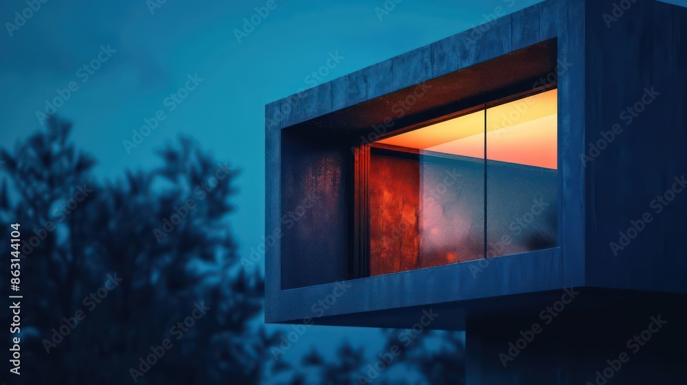 Fototapeta premium Closeup of a single illuminated window in a futuristic tiny house, with copy space