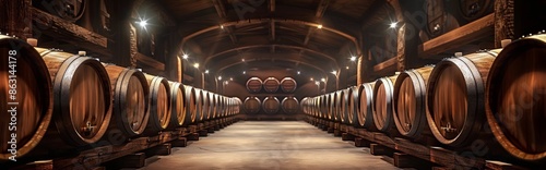 Rows of Wine Barrels in a Dark Cellar
