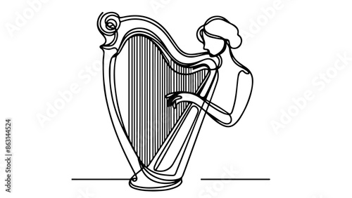 single line illustration a woman playing harp