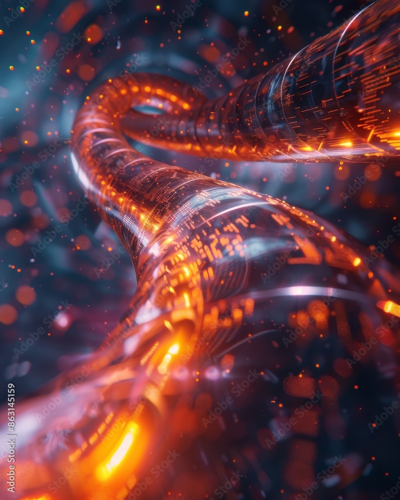 A long, twisted, glowing wire with a lot of dots and lines A long, twisted, glowing wire with a lot of dots and lines
