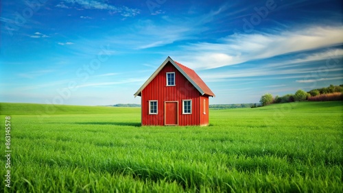 Red wooden house standing on a lush green field, countryside, rural, rustic, charming, architecture, scenic, peaceful © wasana