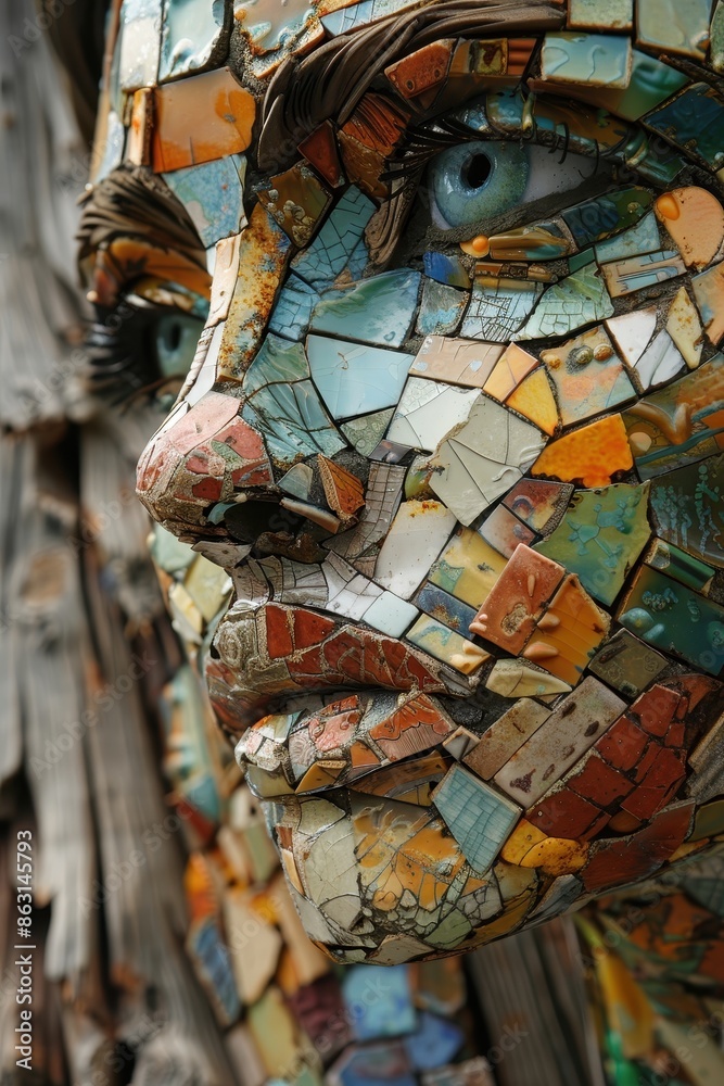 Fototapeta premium A woman's face made of various materials, including metal and wood