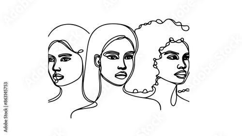 one line illustration of  diverse women portraits