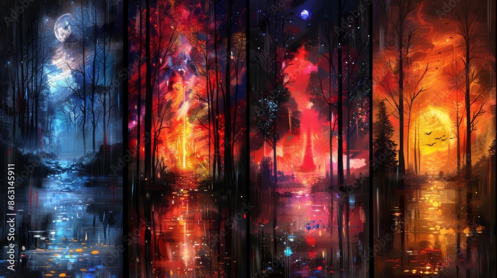 set: forest background with cinematic light effects. set: forest background with cinematic light effects.