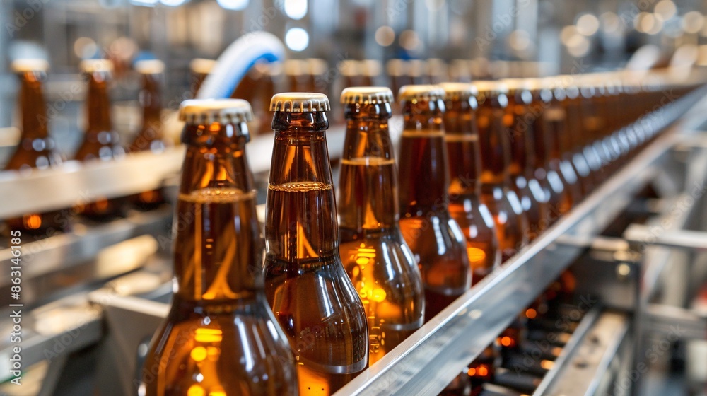 Bottles on a Beer Production Line, Automated Brewery Factory, Industrial Process of Beverage Manufacturing, Perfect for Brewing, Food and Beverage, and Manufacturing Bottles on a Beer Production Line, Automated Brewery Factory, Industrial Process of Beverage Manufacturing, Perfect for Brewing, Food and Beverage, and Manufacturing