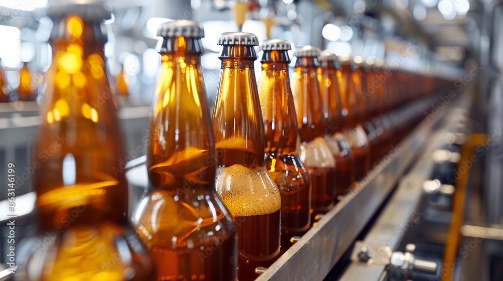 Bottles on a Beer Production Line, Automated Brewery Factory, Industrial Process of Beverage Manufacturing, Perfect for Brewing, Food and Beverage, and Manufacturing Bottles on a Beer Production Line, Automated Brewery Factory, Industrial Process of Beverage Manufacturing, Perfect for Brewing, Food and Beverage, and Manufacturing
